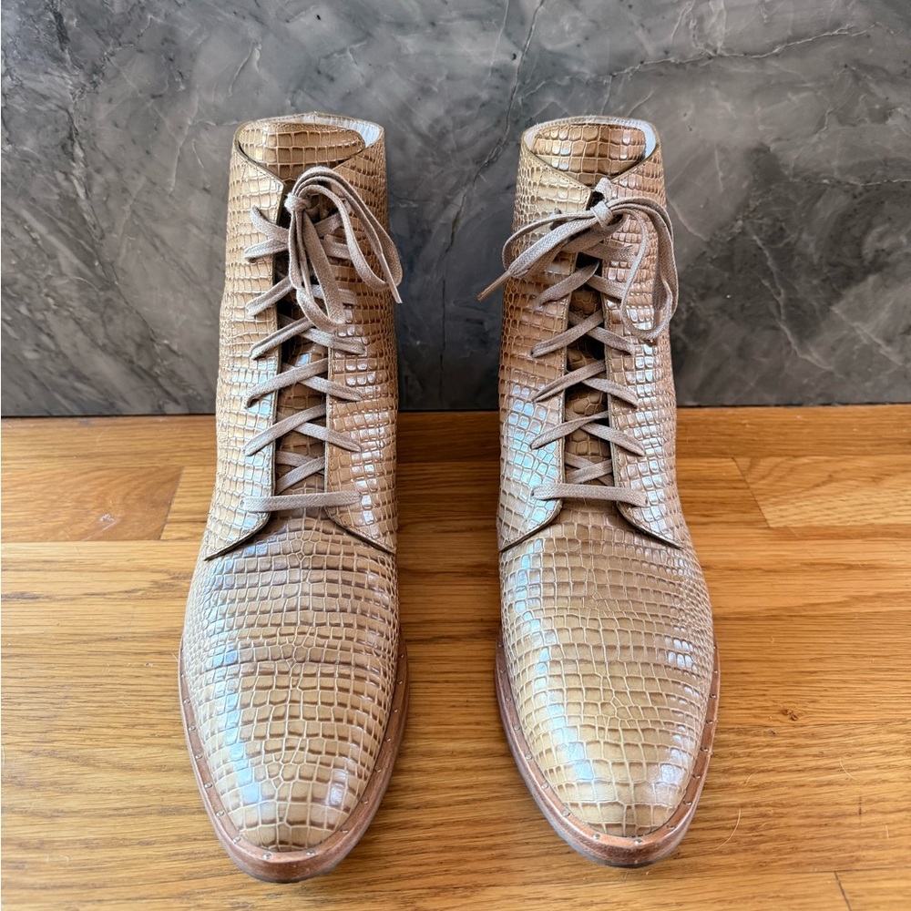 Freda Salvador tan crocodile embossed lace up boots SO COOL